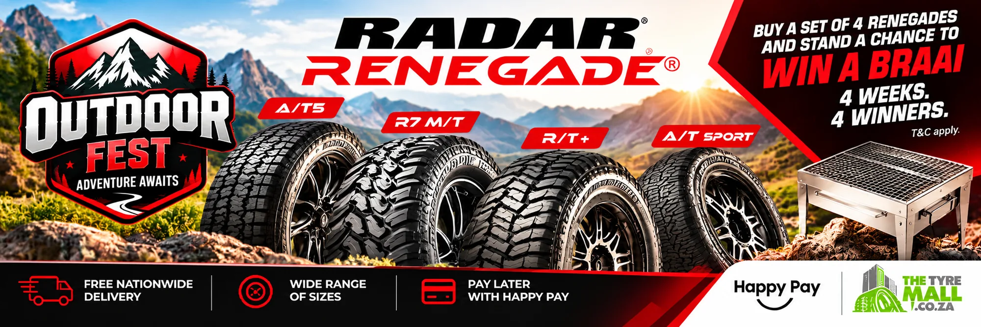 Radar Renegade Outdoor Fest — buy a set of 4 Renegades and stand a chance to win a braai. 4 weeks, 4 winners.